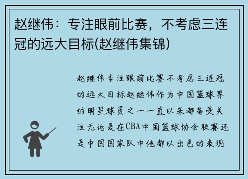 赵继伟：专注眼前比赛，不考虑三连冠的远大目标(赵继伟集锦)